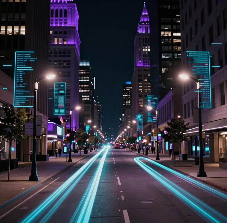 Futuristic night cityscape of an Indiana downtown corridor with glowing cyan light trails, smart street lamps, and data visualization overlays