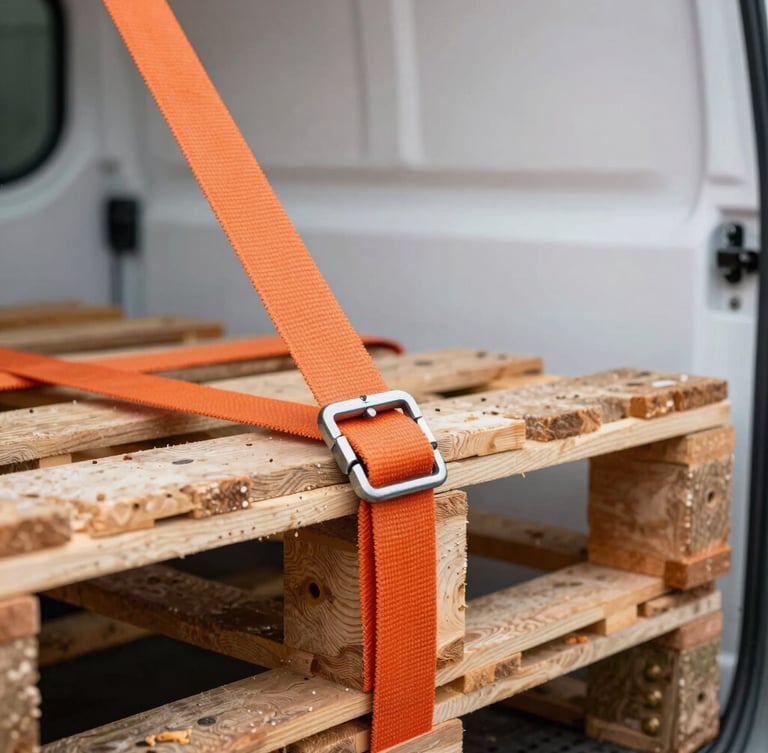 Close-up of heavy-duty orange cargo straps tightly securing wooden pallets inside a clean white transport van, sharp focus on metal buckle, industrial lighting