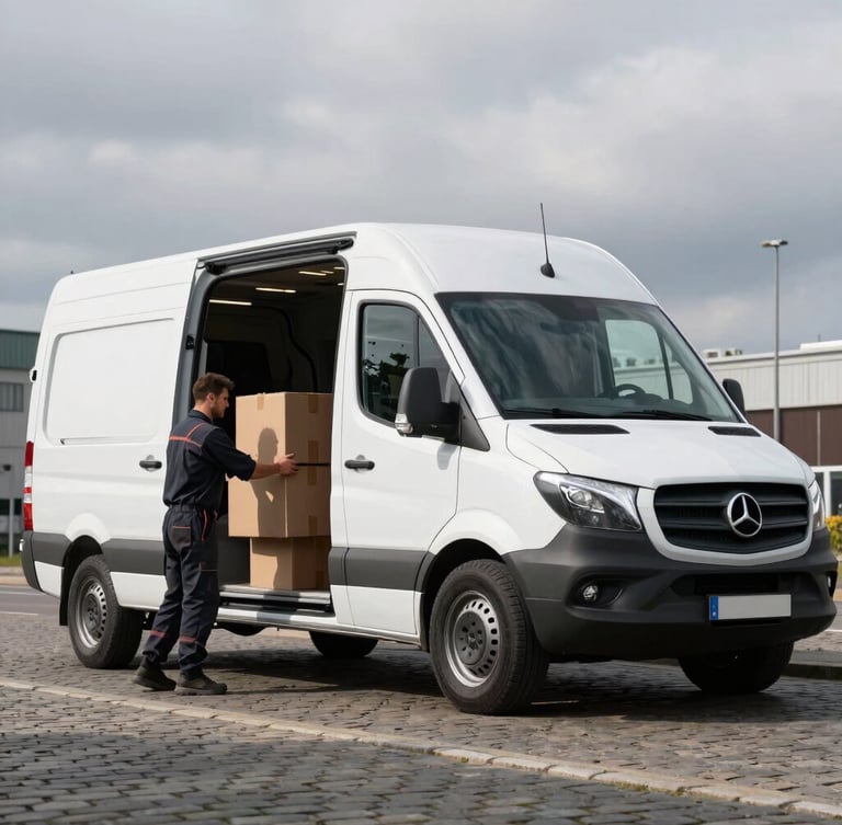 Wide-angle action shot of a clean white Sprinter van with X-HAMO decaled on the side, parked on a cobblestone street in Berlin during overcast daylight. A strong worker in dark workwear is actively loading a cardboard box into the open back door, showing high-contrast industrial grit.