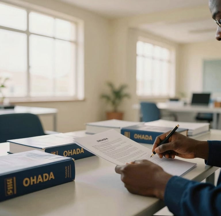 Hands reviewing legal documents with OHADA law books in a modern, sunlit office in Niamey, architectural depth, warm editorial photography, soft natural window light, muted ivory and deep blue tones, 35mm
