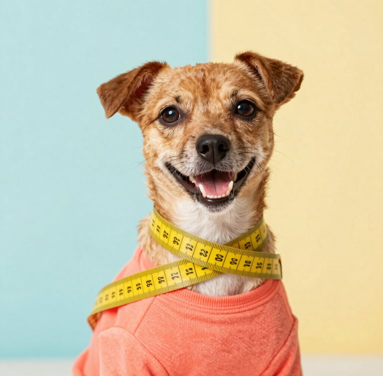Bright high-key studio photography, close-up of a soft yellow measuring tape gently wrapping around a happy, smiling small dog wearing a vibrant coral shirt, cheerful soft lighting, rich saturated tones.