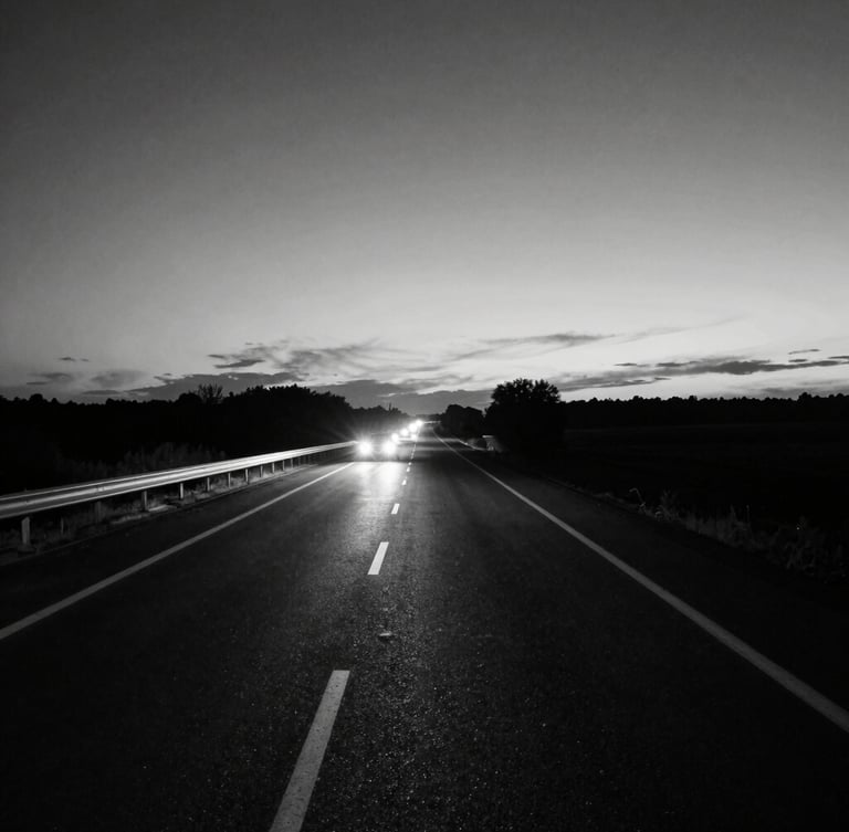 High-contrast black and white cinematic shot of an empty highway stretching to the horizon at dusk, headlight beams cutting through the deep shadows, stark and raw composition.