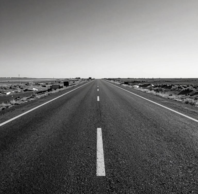 Stark black and white panoramic composition of an empty highway stretching to the horizon, harsh sunlight, deep shadows, raw asphalt texture.
