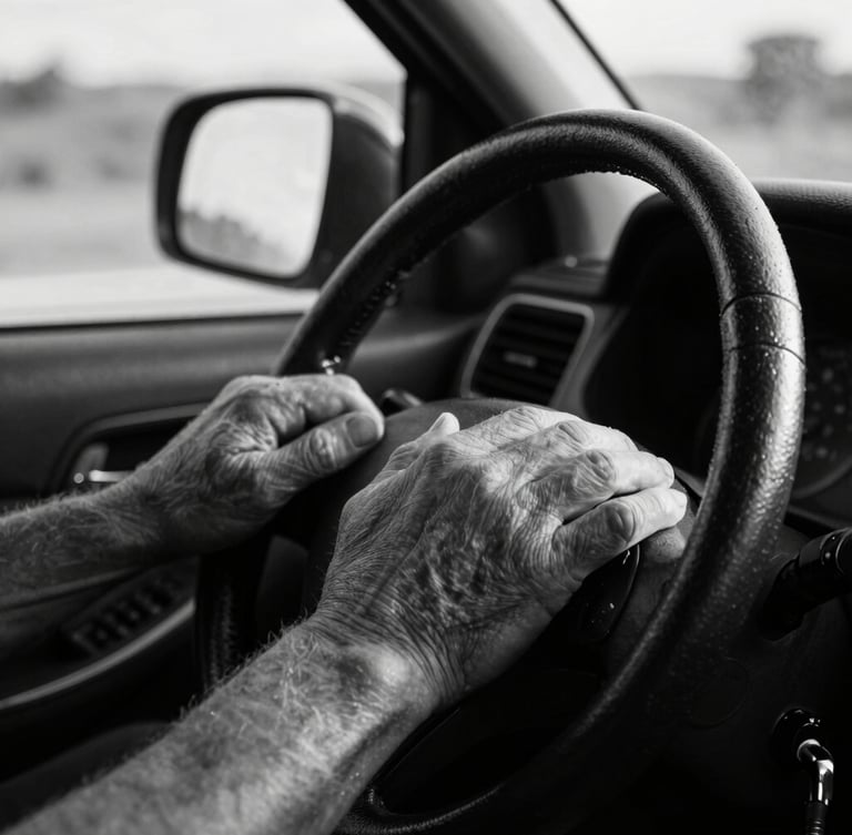 High-contrast cinematic black and white close-up of weathered hands on a steering wheel, deep shadows, harsh headlight beams cutting through the cab window.
