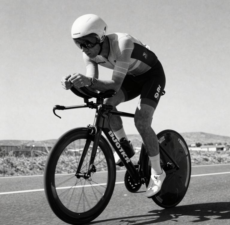 Stark monochrome low-angle shot of a cyclist in an aerodynamic time-trial position, high-contrast direct sunlight, deep shadows, 35mm film grain.