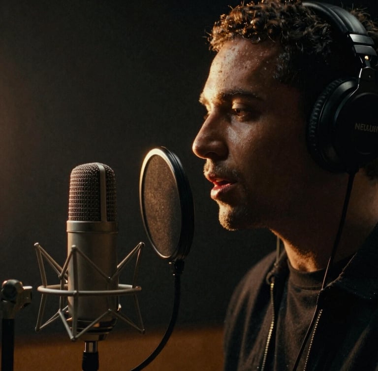 Intimate medium close-up of a voice talent in a dark soundproof booth, speaking into a vintage Neumann microphone, warm golden backlight rimming their profile, moody atmosphere, 35mm film grain