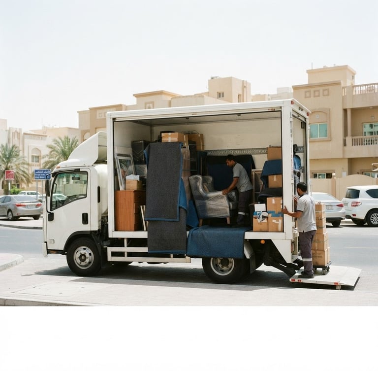 A clean white moving truck parked on a bright Abu Dhabi street, side view showing organized loading, thick protective blankets visible, bright natural daylight, 35mm photography