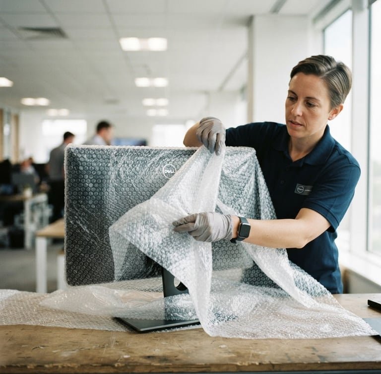 Close-up of a professional technician in a clean uniform carefully wrapping a large computer monitor in thick protective bubble wrap inside a bright modern office, natural daylight, sharp focus, 35mm