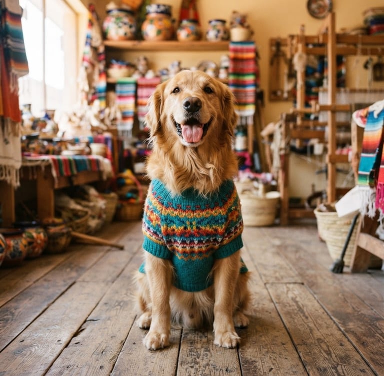 Eye-level shot of a happy golden retriever wearing a colorful teal knitted sweater, sitting on a wooden floor of a bright Mexican workshop, warm daylight.