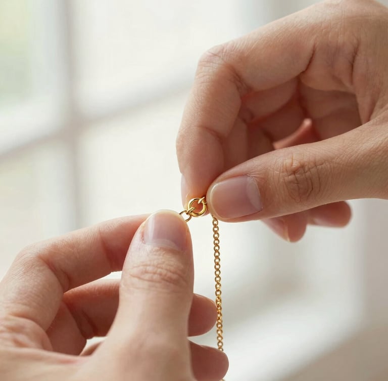 Macro close-up of a hand fastening a warm gold claspless bracelet, soft morning window light, high-key editorial jewelry photography, shallow depth of field.