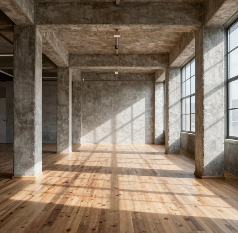 Straight-on architectural shot of a sunlit industrial loft interior, raw concrete pillars, hardwood floor, natural high-contrast daylight