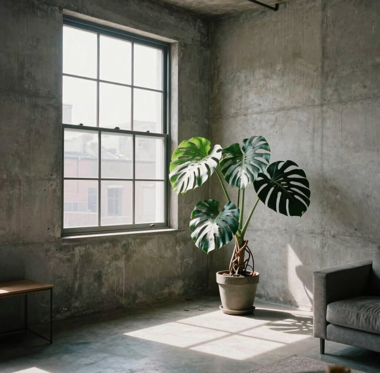Straight-on architectural shot of a sunlit shared loft living room, raw concrete walls, a large green monstera plant near a steel-framed window, natural afternoon light.