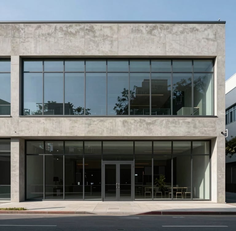 Straight-on architectural shot of a minimalist concrete and glass office front, sharp shadows from afternoon sun, clean lines, Inter style.