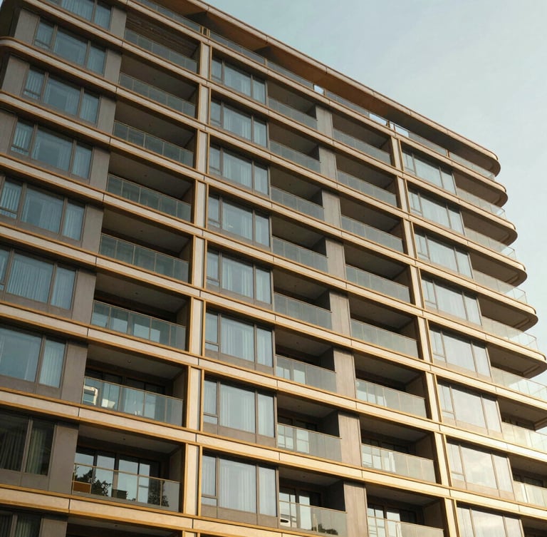 Premium architectural photography of a modern residential building facade, warm golden-hour sunlight reflecting off clean glass panels and champagne gold metal louvers, wide-angle lens
