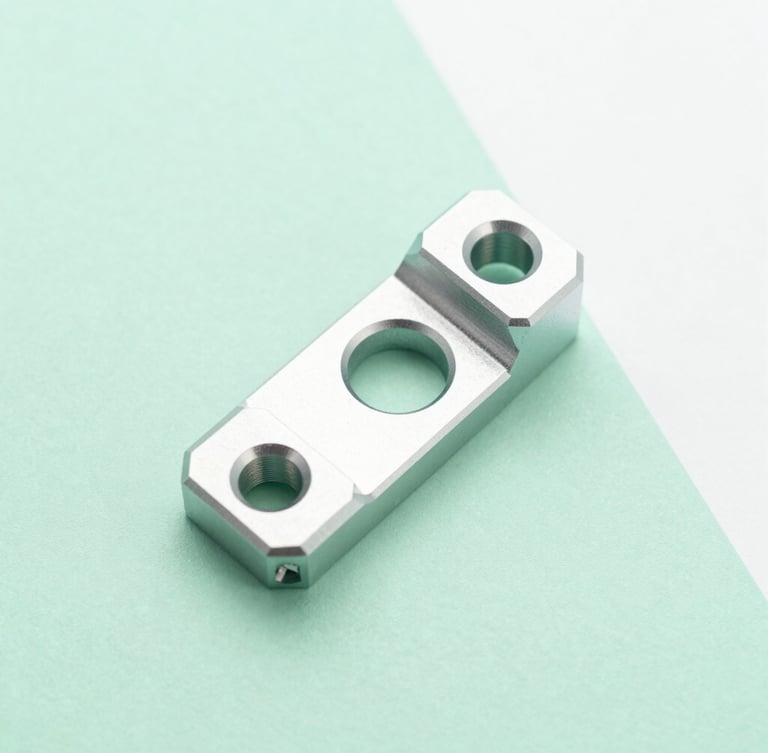 Overhead macro shot of a clean, millimeter-precise custom machined aluminum bracket resting on a soft pastel mint green surface under bright diffused daylight, sharp focus, 50mm