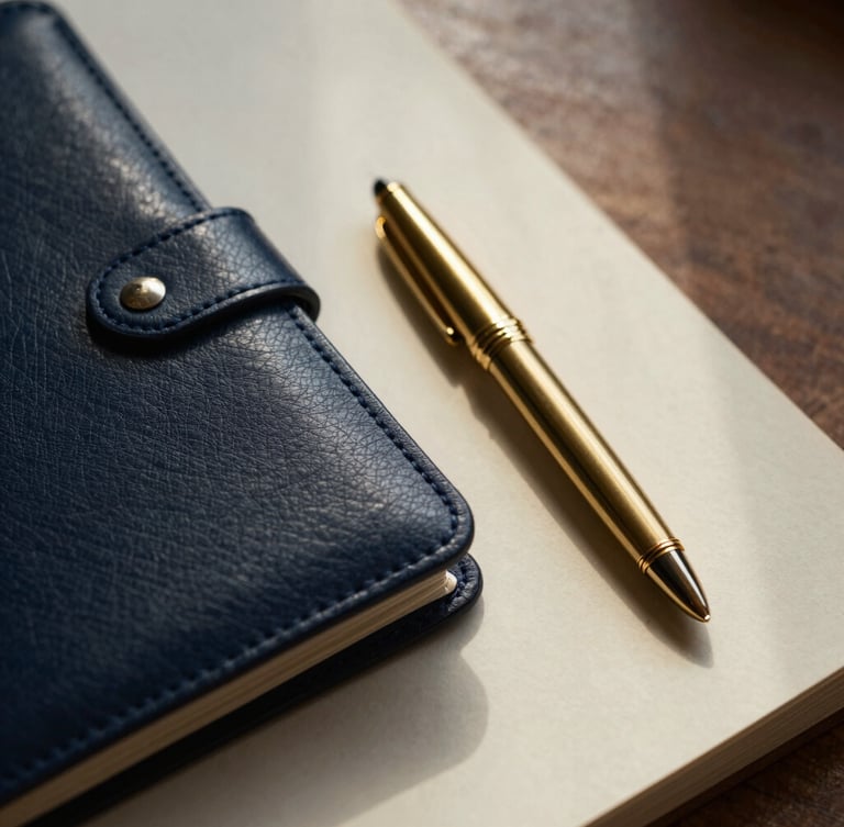 A close-up of a structured leather folio and a gold fountain pen resting on heavy warm ivory paper, soft directional window light, deep navy shadows, 35mm photography