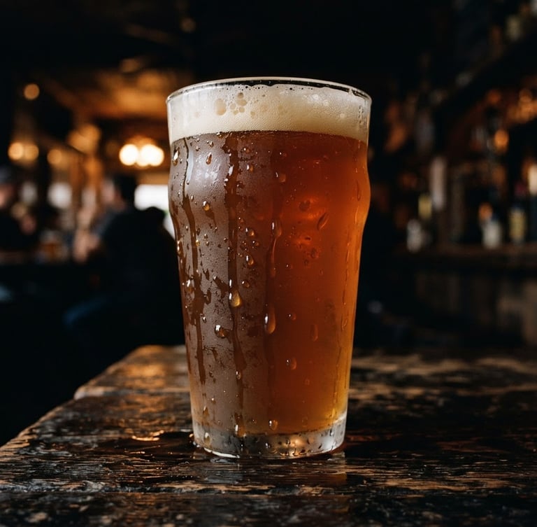 Close-up of a rustic craft beer glass with heavy condensation and water droplets dripping down, warm low-key amber lighting, dark wooden table background, shallow depth of field, 35mm