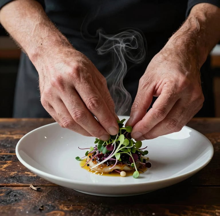 Extreme close-up of a chef's hands carefully placing microgreens on a beautifully plated dish, steam rising slightly, rustic dark wooden table background, soft side-lighting, rich textures.