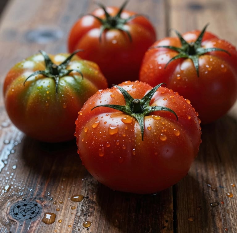 Moody Scandinavian daylight close-up of heirloom tomatoes on a rustic wooden table, water droplets, deep shadows, rich red and green tones.