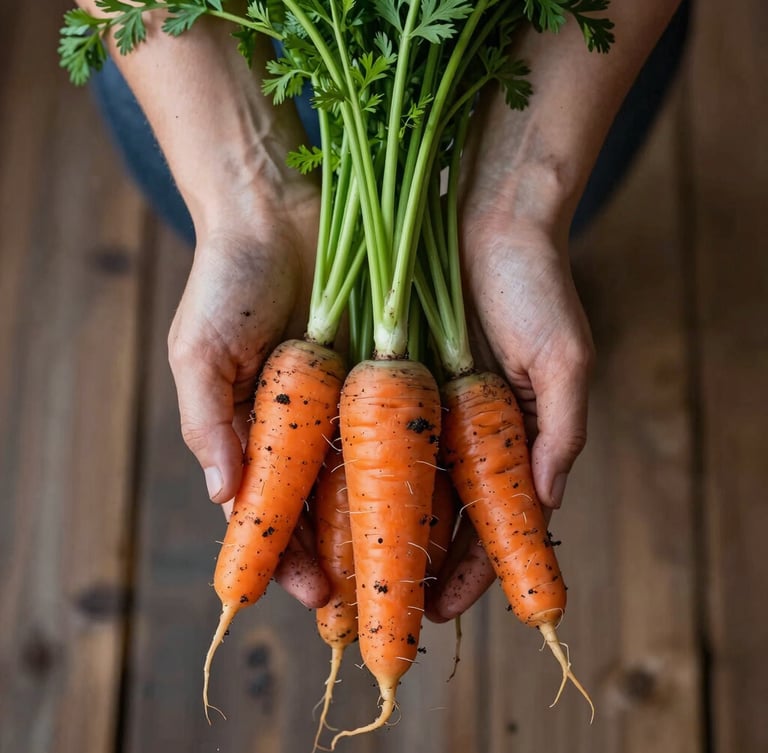 Moody Scandinavian daylight, extreme close-up of soil-stained hands holding freshly harvested heirloom carrots with vibrant green tops, rustic wood background.