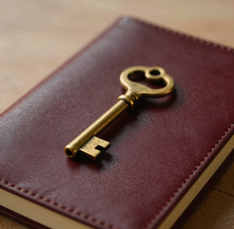 Close-up of a vintage brass key resting on a dark leather journal, soft golden-hour light, shallow depth of field