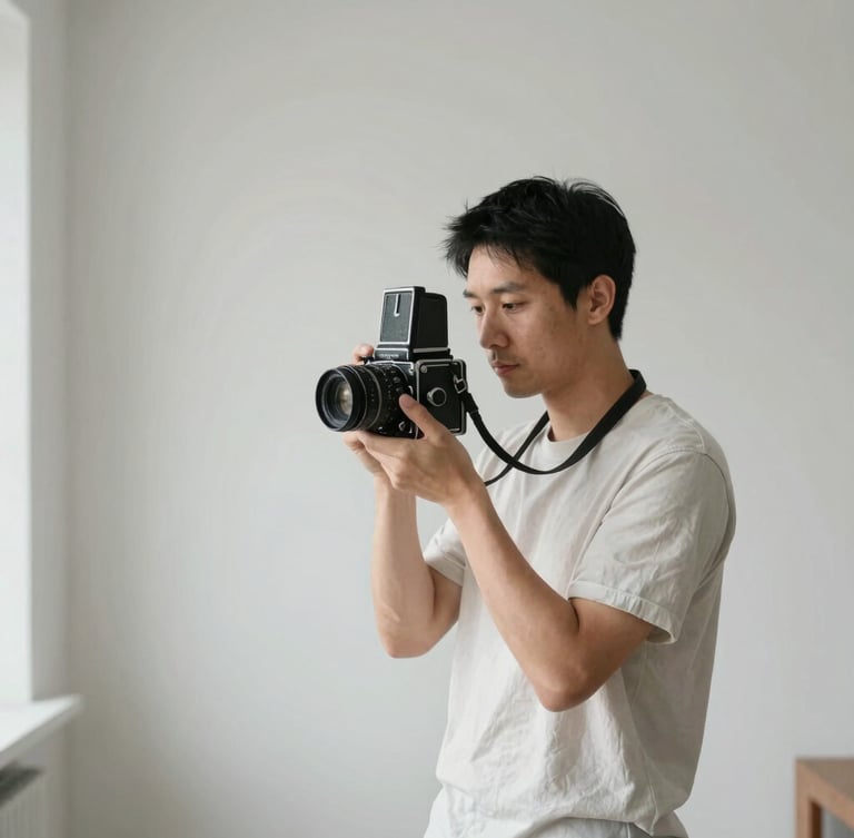 Soft natural light portrait of a male photographer in his late 30s holding an old medium format camera, clean minimalist studio background, quiet mood.