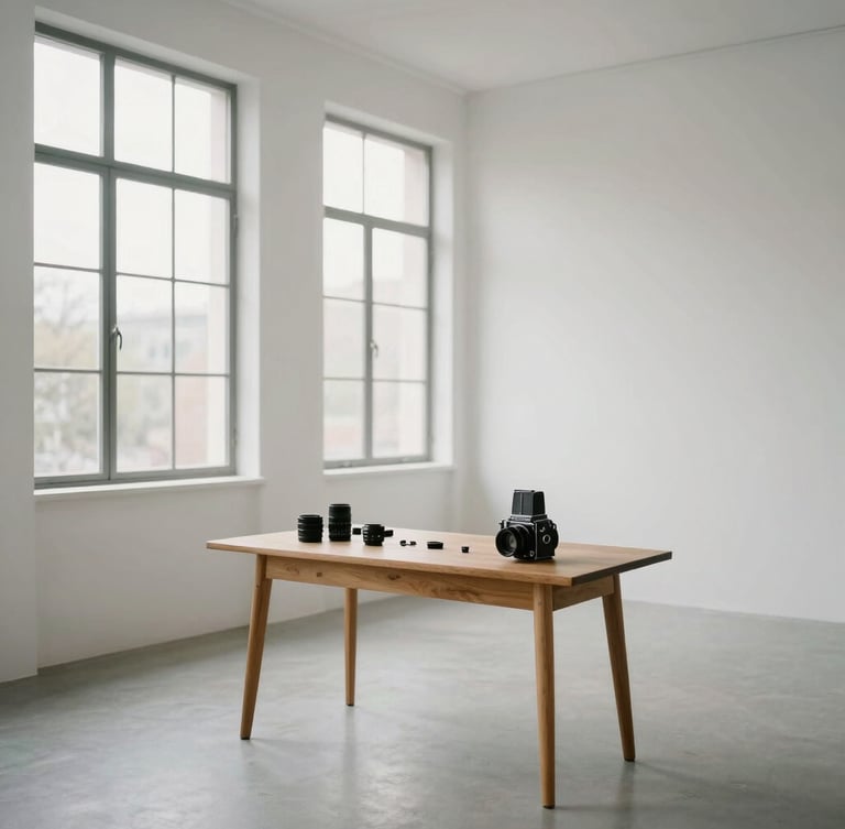 Wide shot of a minimalist photography studio filled with natural light, large windows, a wooden desk with medium format camera parts, blank white walls, peaceful atmosphere