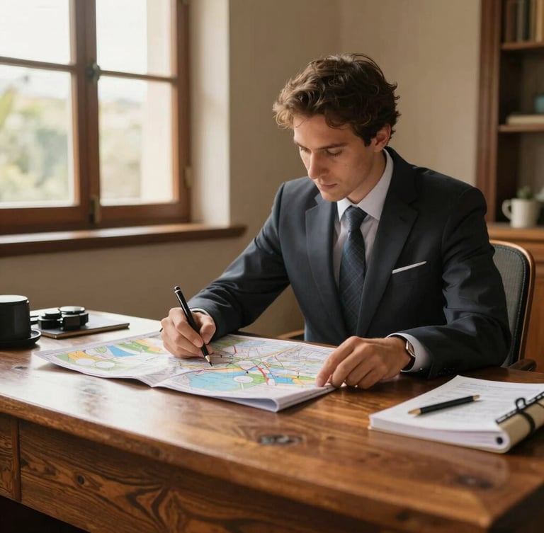 Medium shot of a travel specialist reviewing a map and itinerary details on a wooden desk, natural light from a window, subtle architectural details in background, professional and focused, premium travel photography.
