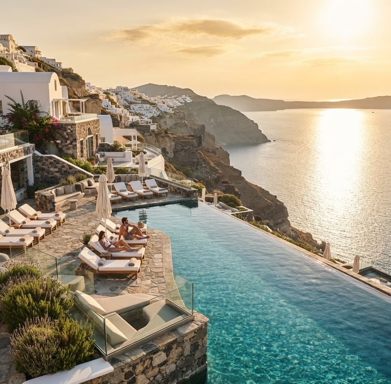 Bright golden-hour view of a luxury cliffside resort pool overlooking the Mediterranean sea, white lounge chairs, clean architectural lines, premium travel photography, 35mm lens