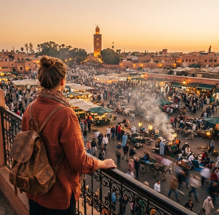 Candid shot of a traveler looking out over a vibrant, bustling marketplace in Marrakech at golden hour, rich colors, wide-angle environmental framing, natural light, premium travel photography, subtle movement, no faces clearly visible.