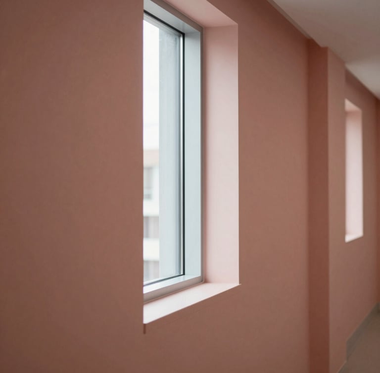 Minimalist architectural detail of a modern healthcare facility corridor, soft natural window light, clean lines, muted warm slate and rose tones.