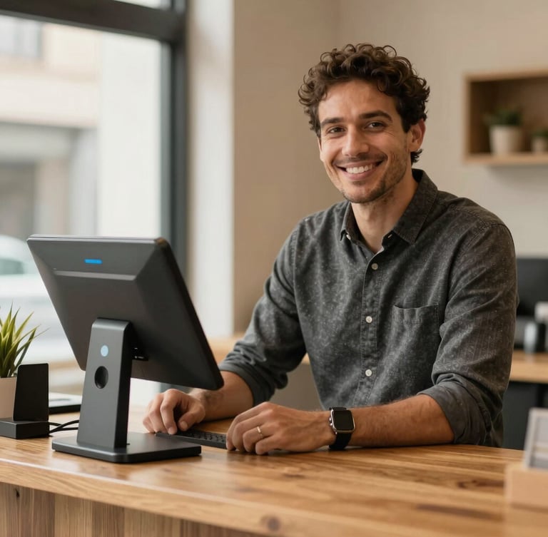 Warm editorial portrait of a local merchant smiling next to a modern smart terminal on a wooden counter, soft natural daylight, authentic atmosphere