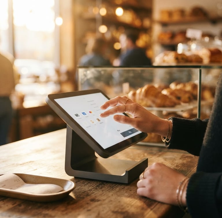 Close up of hands operating a modern smart POS terminal screen in a warm-lit local bakery, golden hour light, shallow depth of field