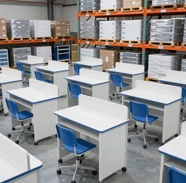 Wide environmental shot of a modern, organized logistics distribution warehouse with high-quality school furniture and boxed electronics stacked neatly, bright professional lighting, 35mm