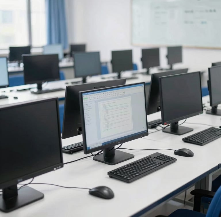 Wide environmental shot of a modern vocational school computer laboratory with high-quality computer monitors and structured desks, bright natural daylight, clean corporate photography, sharp focus, 35mm