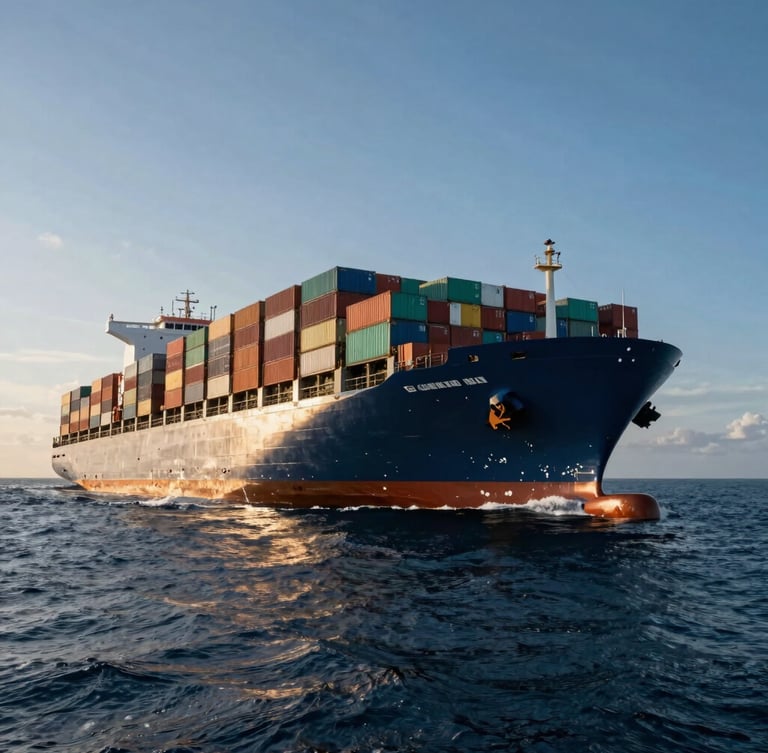 Low-angle powerful perspective of a massive container ship loaded with colorful cargo boxes cutting through deep ocean water, crisp industrial sunlight reflecting off the sea.