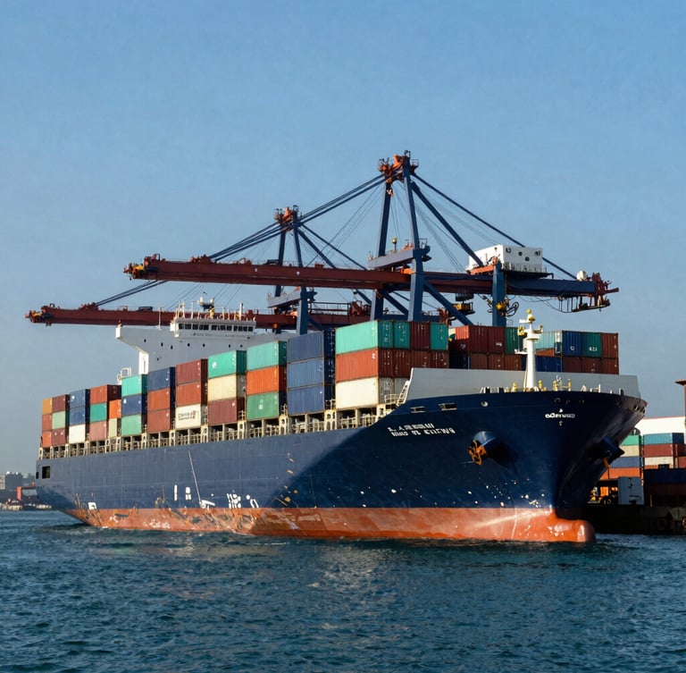 Wide-angle environmental shot of a massive container ship loading at a deep-water port, crisp industrial sunlight, deep navy and crisp teal tones, editorial industrial photography.