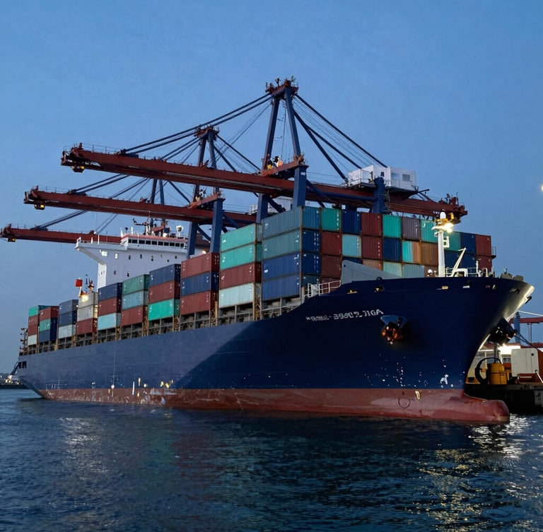 Wide-angle editorial industrial photography of a massive container ship docked at a deep-water port, dramatic blue-hour lighting, deep navy and sharp teal tones, cargo cranes in background.