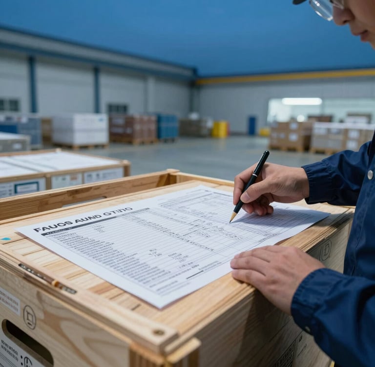 Macro close-up of an inspector examining cargo labels and technical specifications on a wooden crate inside a bright, clean shipping warehouse.