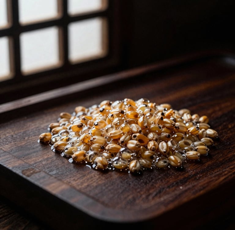 Macro shot of bubbling golden koji grains on a dark cedar tray, moody directional side-lighting, rich textures, high contrast, 35mm film grain