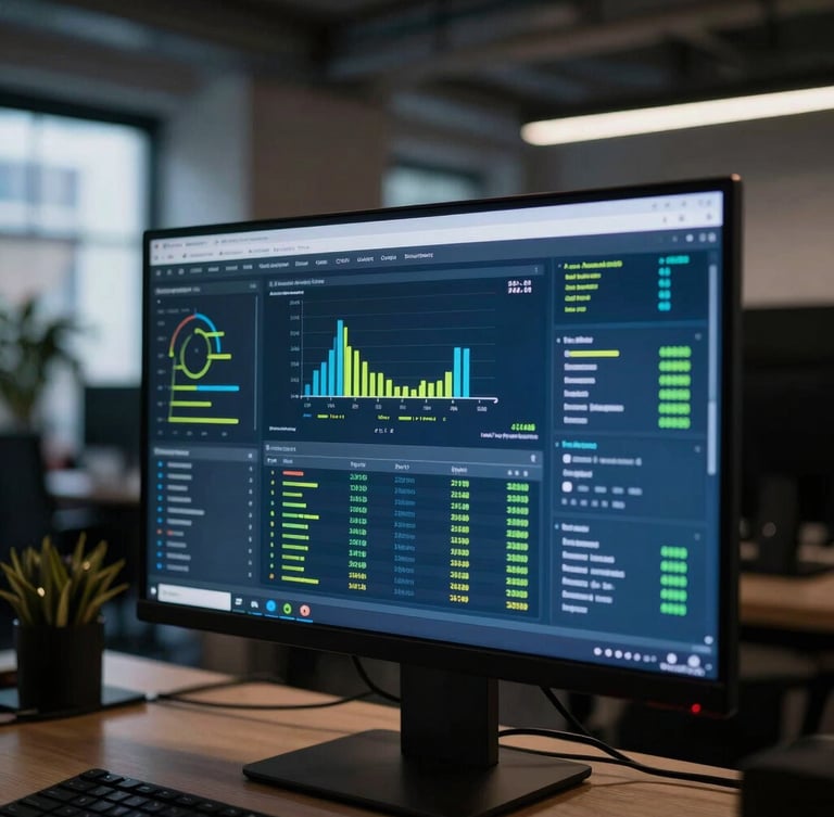 Moody editorial photography, close-up of a real data dashboard on a monitor in a London loft office, cool blue tones with sharp neon-lime highlights, 35mm