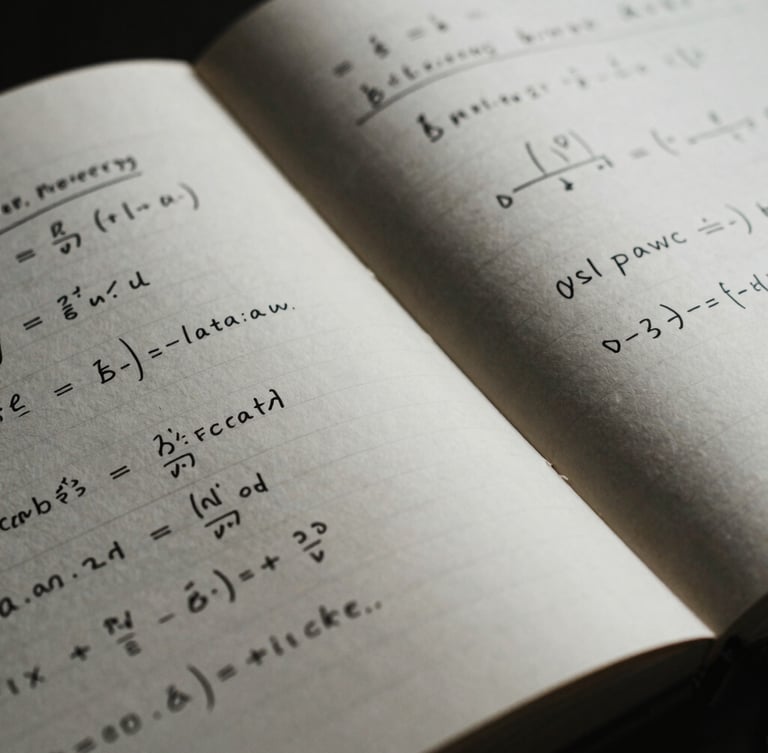 Macro shot of physical notebooks with handwritten formulas and unit economics models, moody high-contrast lighting, 35mm