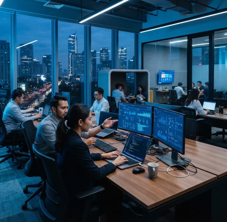 Sleek corporate tech photography, cool blue ambient lighting, professional modern office environment in Jakarta, sharp focus, 35mm