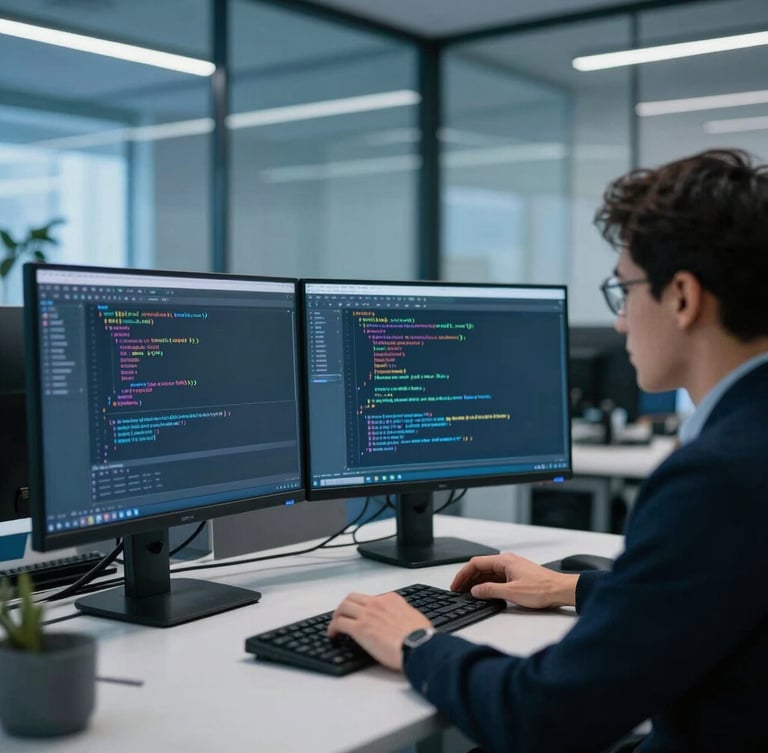 Professional software developers analyzing clean code on dual monitors in a sleek glass-walled office, cool blue ambient lighting, sharp focus, 35mm