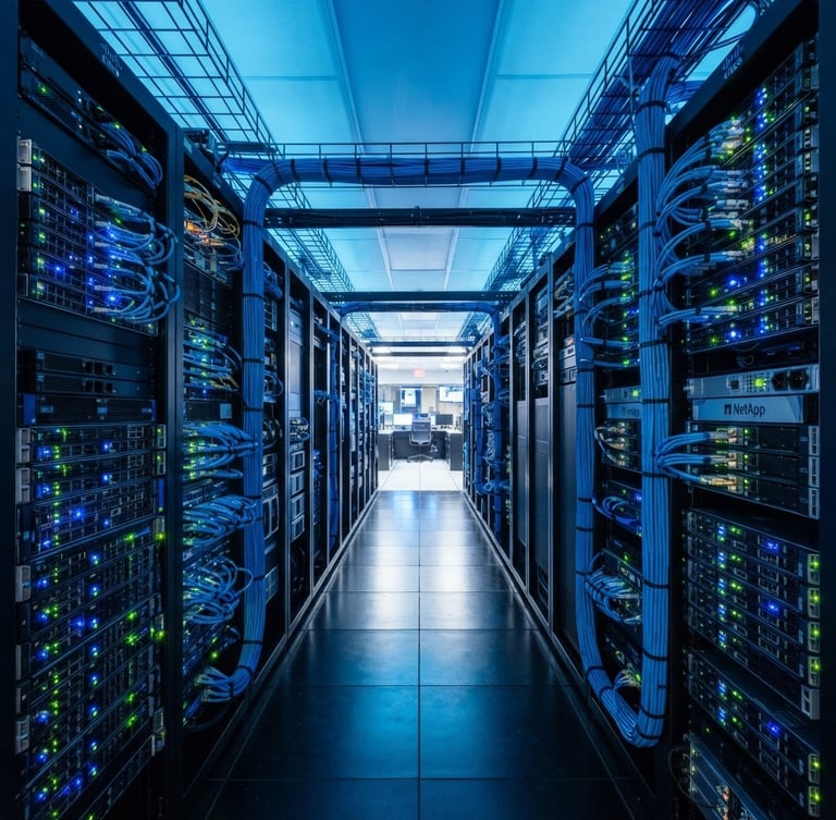 Sleek modern server room with clean blue cable management, glowing status lights, cool-toned studio lighting, sharp focus, 35mm