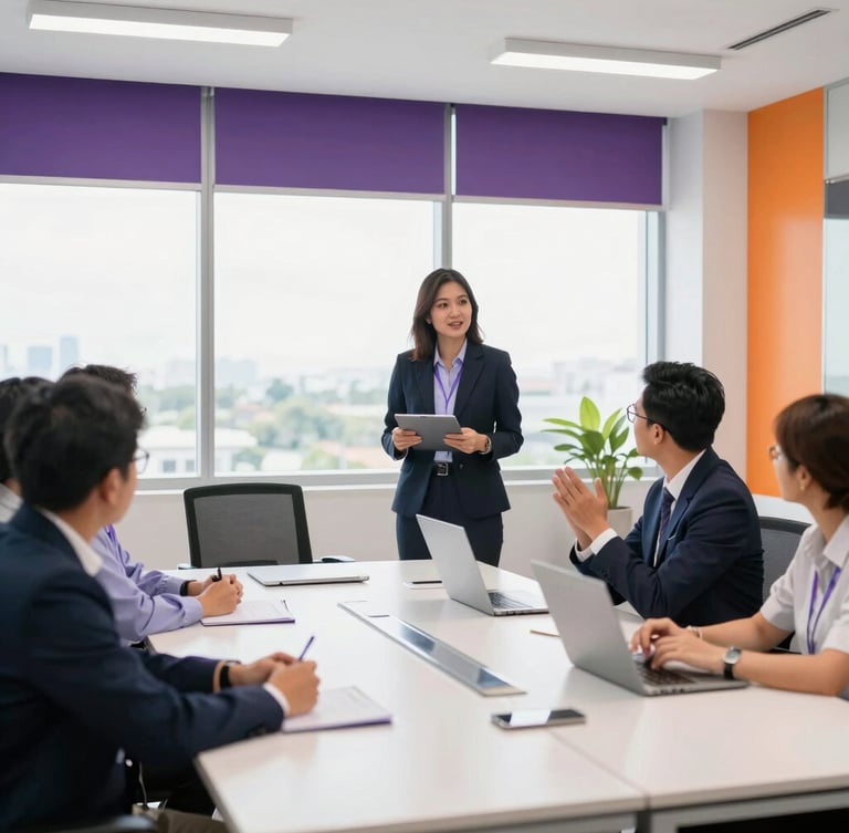 Bright modern corporate workshop in Kota Kinabalu, professional facilitators leading active boardroom discussion, natural window light, purple accents, 35mm
