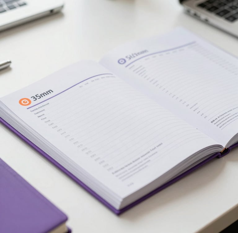 Close-up of professional training materials and structured notebooks on a clean desk, bright natural office lighting, purple accents, 35mm