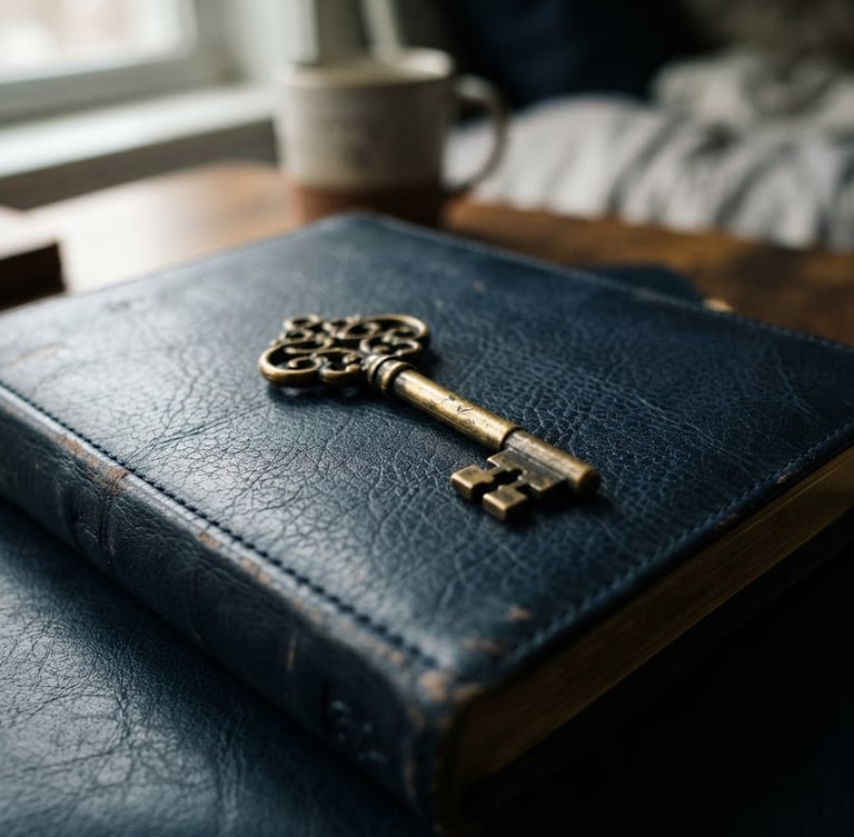 A close-up of a vintage brass key resting on a leather-bound journal, soft directional window light, deep navy and gold tones, shallow depth of field, 35mm