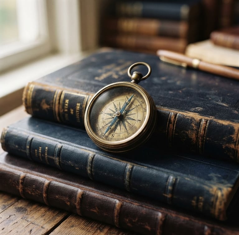 Close-up of a vintage brass compass resting on a stack of leather-bound ledgers, soft directional window light, deep navy and gold tones, shallow depth of field.