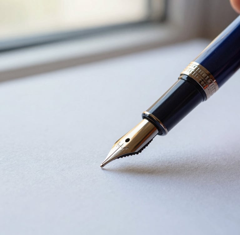 Close-up of a vintage fountain pen writing on heavy, textured paper under soft window light, deep navy and gold tones, shallow depth of field, 35mm
